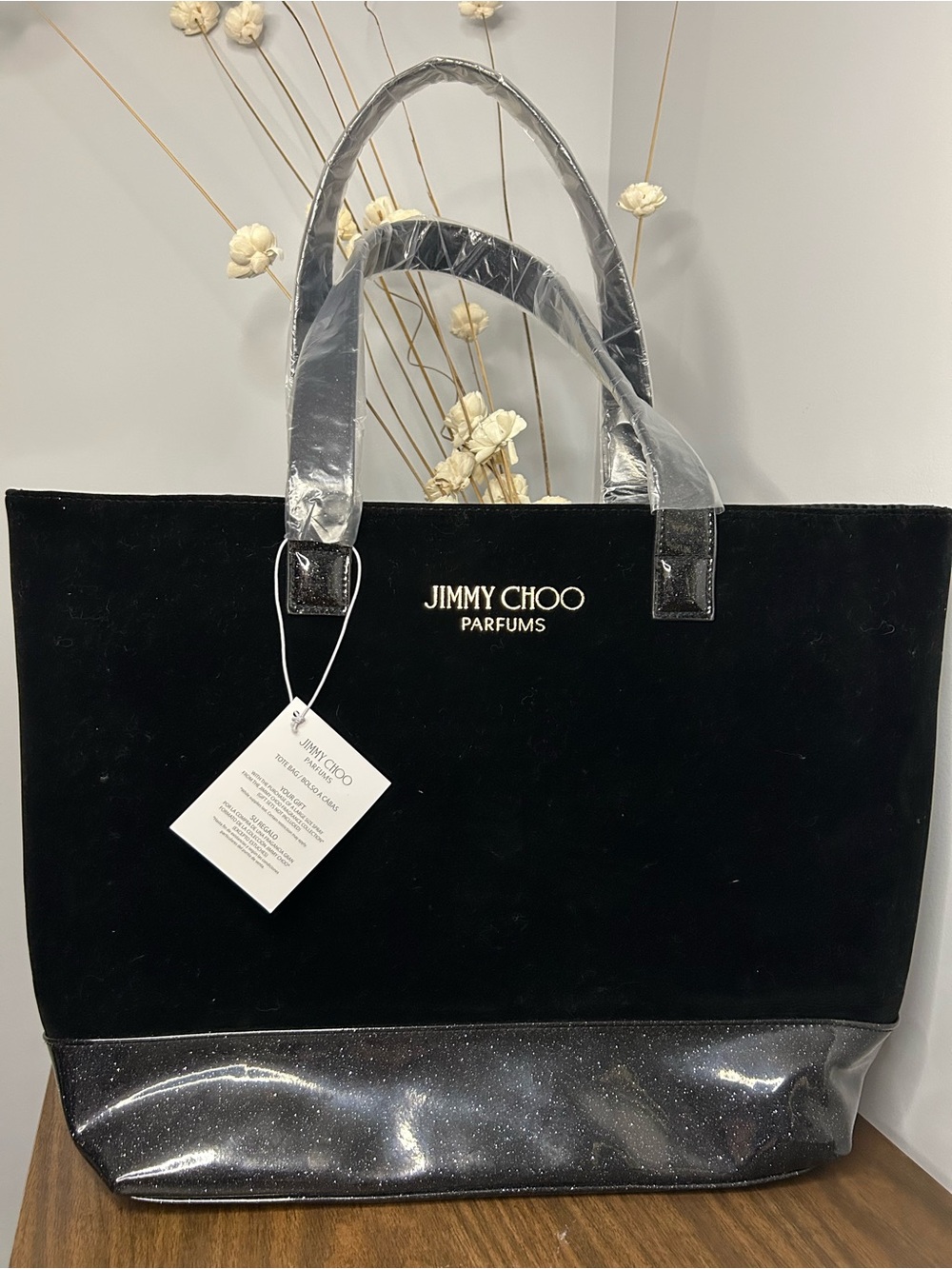 Jimmy Choo Parfums GWP Black Velvet Silver Glitter Tote Bag NWT Large - Picture 1 of 7